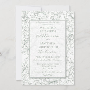 Elegant Sage Green Hand-Drawn Floral Wedding  Invi Invitation