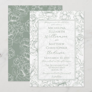 Elegant Sage Green Hand-Drawn Floral Wedding  Invi Invitation