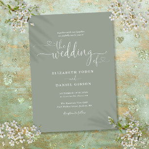 Elegant Sage Green Hearts Calligraphy Wedding Invitation