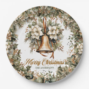 Elegant sage green holly faux gold Christmas bells Paper Plate