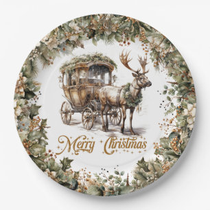 Elegant sage green holly faux gold Reindeer sleigh Paper Plate