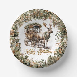 Elegant sage green holly faux gold Reindeer sleigh Paper Plate