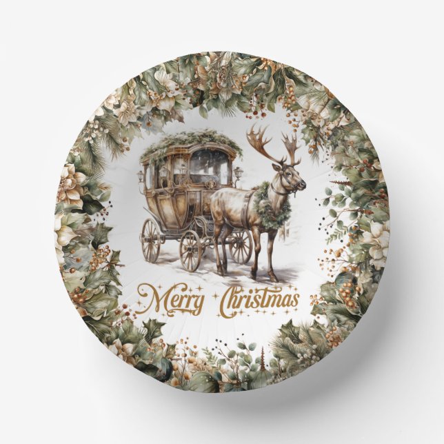 Elegant sage green holly faux gold Reindeer sleigh Paper Plate (Front)
