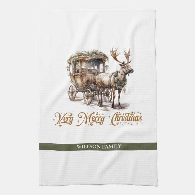 Elegant sage green holly faux gold Reindeer sleigh Tea Towel (Vertical)
