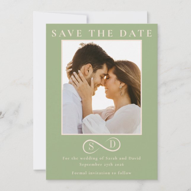 Elegant Sage Green Infinity Monogram Save the Date (Front)