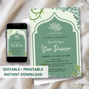 Elegant Sage Green Islamic Arched Iftar Dinner Invitation