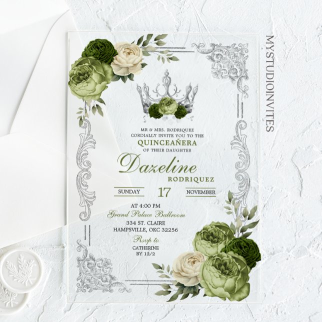 Elegant Sage Green Ivory Crown Quinceanera Acrylic Invitations (Creator Uploaded)