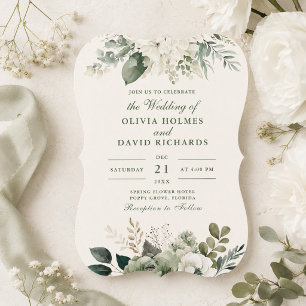 Elegant Sage Green & Ivory Flowers Curved Wedding Invitation