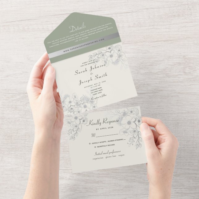 Elegant Sage Green Ivory Wedding All In One Invitation (Tearaway)