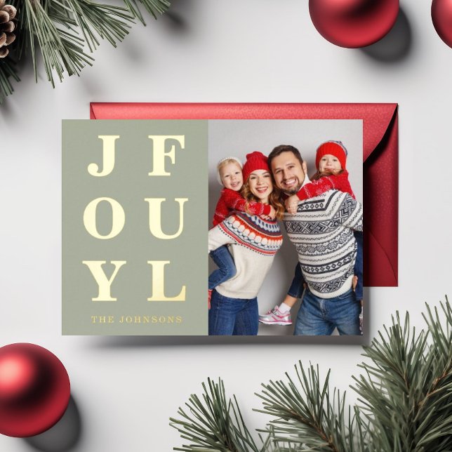 Elegant Sage Green Joyful Photo Christmas Gold Foil Holiday Card (Modern Blue Joyful Photo Christmas Holiday Card)