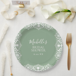 Elegant Sage Green Lace Bridal Shower Paper Plate
