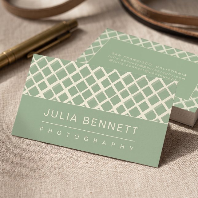 Elegant Sage Green Lattice Pattern Business Card (Simulated business cards on table)