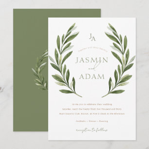Elegant Sage Green Laurel Wreath Wedding Invitation