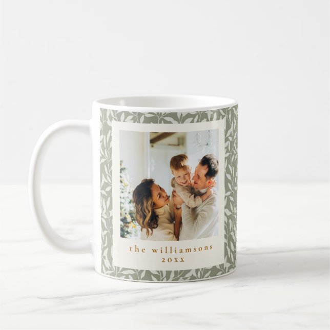 Elegant Sage Green Leaf Custom Photo Christmas Coffee Mug (Left)