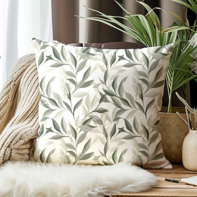 Elegant Sage Green Leaves Pattern Cushion (Green leaves decorator pillow)