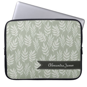 Elegant Sage Green Leaves Pattern With Name Laptop Sleeve