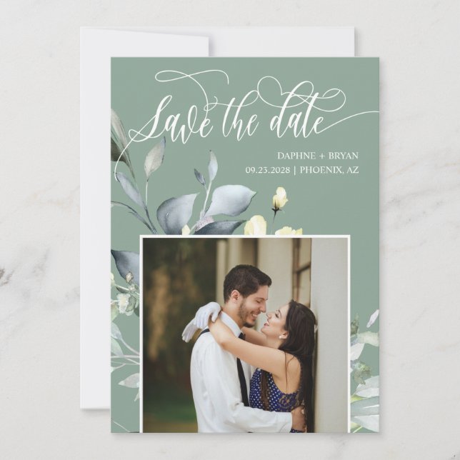 Elegant Sage Green Leaves QR Code Photo Wedding Save The Date (Front)