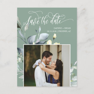 Elegant Sage Green Leaves QR Code Save the Date Announcement Postcard