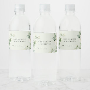 Elegant Sage Green Leaves & Rose Ivory Wedding Water Bottle Label