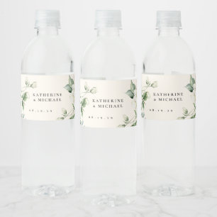 Elegant Sage Green Leaves & Rose Ivory Wedding Water Bottle Label