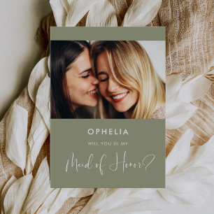 Elegant sage green Maid of Honour proposal card