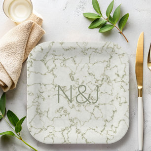Elegant Sage Green Marble Monogram Paper Plates