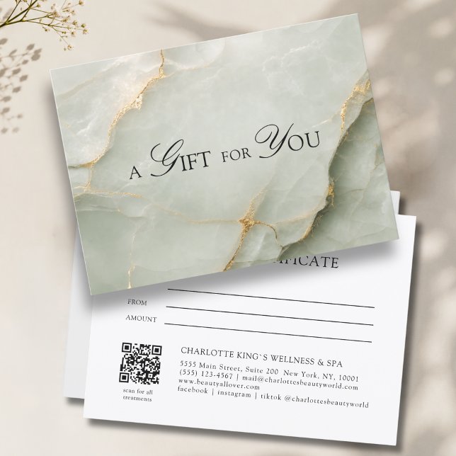 Elegant Sage Green Marble QR Code Gift Certificate (A Gift for You! Sage Green Gold Marble QR Code Gift Certificate)