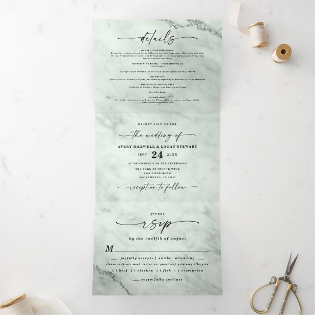 Elegant Sage Green Marble with Foil Wedding Tri-Fold Invitation (Inside)