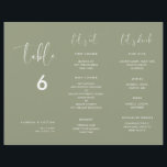 Elegant Sage Green Menu & Table number trifold<br><div class="desc">Trifold wedding menu & table number: all in one, just fold the paper sheet in 3 to get your standing menu. A modern typography and a trendy sage green colour palette for your wedding stationery: choose this simple and elegant wedding suite. Fully customisable: you can change the background as well...</div>