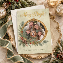 Elegant Sage Green Merry & Bright Gold Photo