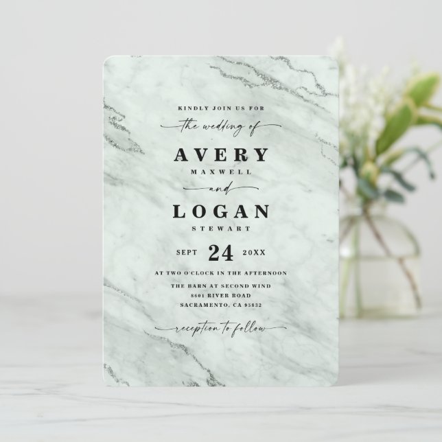 Elegant Sage Green Metallic Marble Wedding Invitation (Standing Front)