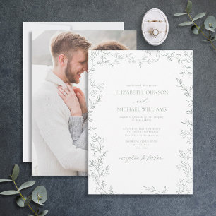 Elegant Sage Green Minimal Leaf Photo Wedding Invitation
