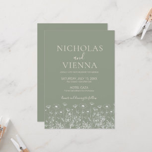 Elegant Sage Green Minimalist Boho Floral Wedding Invitation