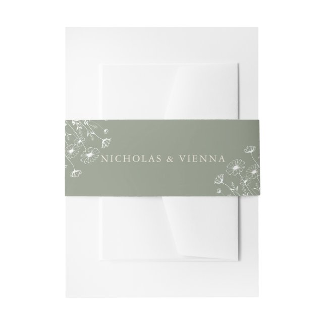 Elegant Sage Green Minimalist Boho Floral Wedding Invitation Belly Band (Front Example)