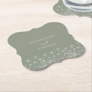 Elegant Sage Green Minimalist Boho Floral Wedding Paper Coaster