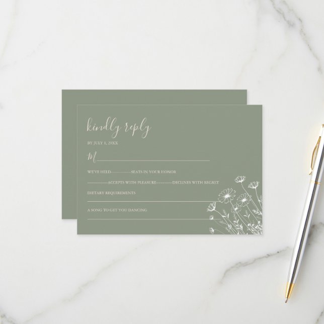 Elegant Sage Green Minimalist Boho Floral Wedding RSVP Card (Front/Back In Situ)