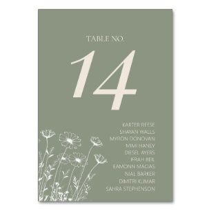 Elegant Sage Green Minimalist Boho Floral Wedding Table Number