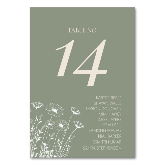 Elegant Sage Green Minimalist Boho Floral Wedding Table Number (Front)