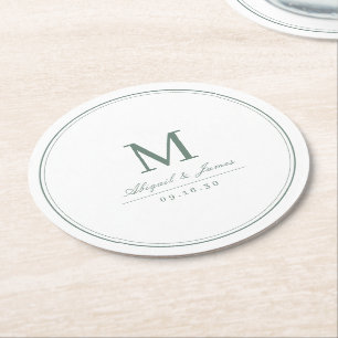 Elegant sage green minimalist monogram round paper coaster