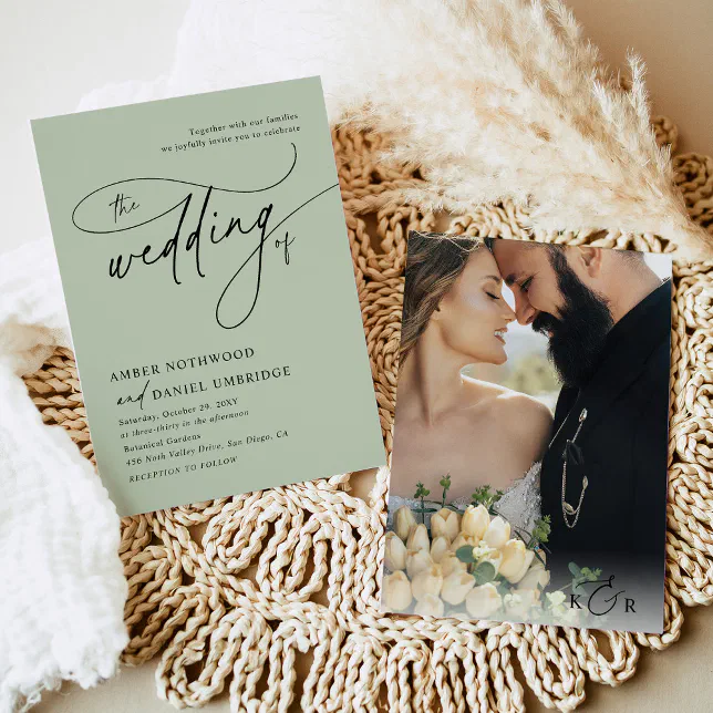 Elegant Sage Green Minimalist Photo Wedding Invitation | Zazzle