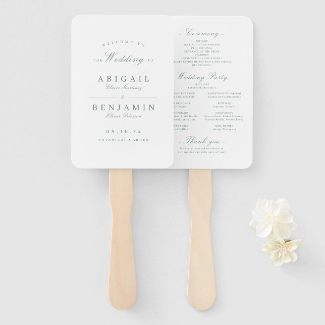 Elegant sage green minimalist wedding program hand fan (Front and Back)