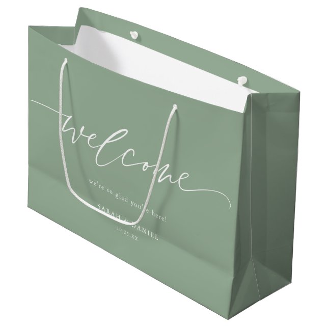 Elegant Sage Green Mint Wedding Welcome Gift Bag (Front Angled)