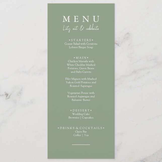 Elegant Sage Green Modern Let's Eat Wedding Dinner Menu (Front)