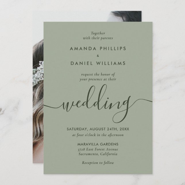 Elegant Sage Green Modern Script Photo Wedding Invitation (Front/Back)