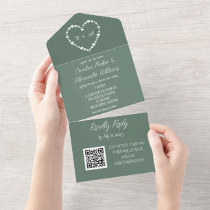 Elegant Sage Green Modern Unique RSVP QR Code All In One Invitation