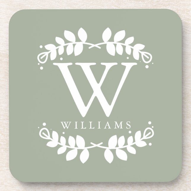 Elegant Sage Green Monogram Coaster (Front)