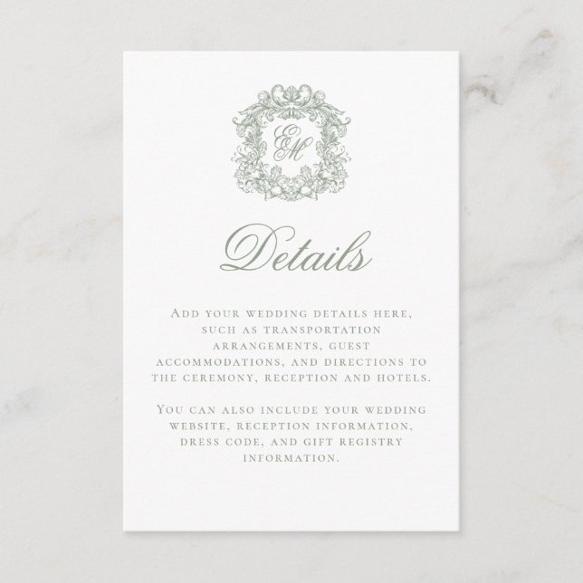 Elegant Sage Green Monogram Crest Wedding Details Enclosure Card (Front)