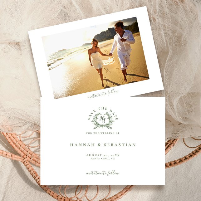 Elegant Sage Green Monogram Crest Wedding Save The Date (Creator Uploaded)