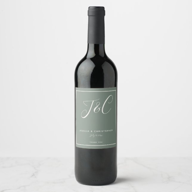 Elegant Sage Green Monogram Initials Wedding Wine Label (Front)