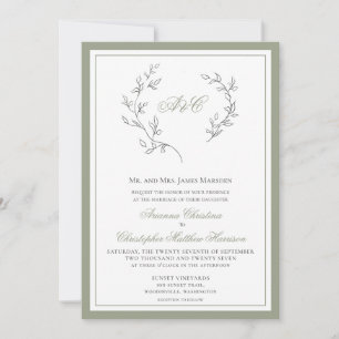 Elegant Sage Green Monogram Leaf Wreath Wedding In Invitation